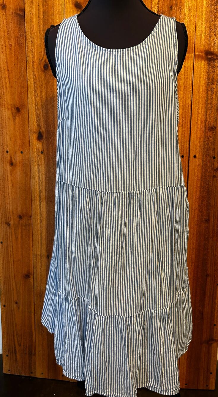 Old Navy Womens L Blue White Striped Tiered Mini Dress Summer Sundress Cotton